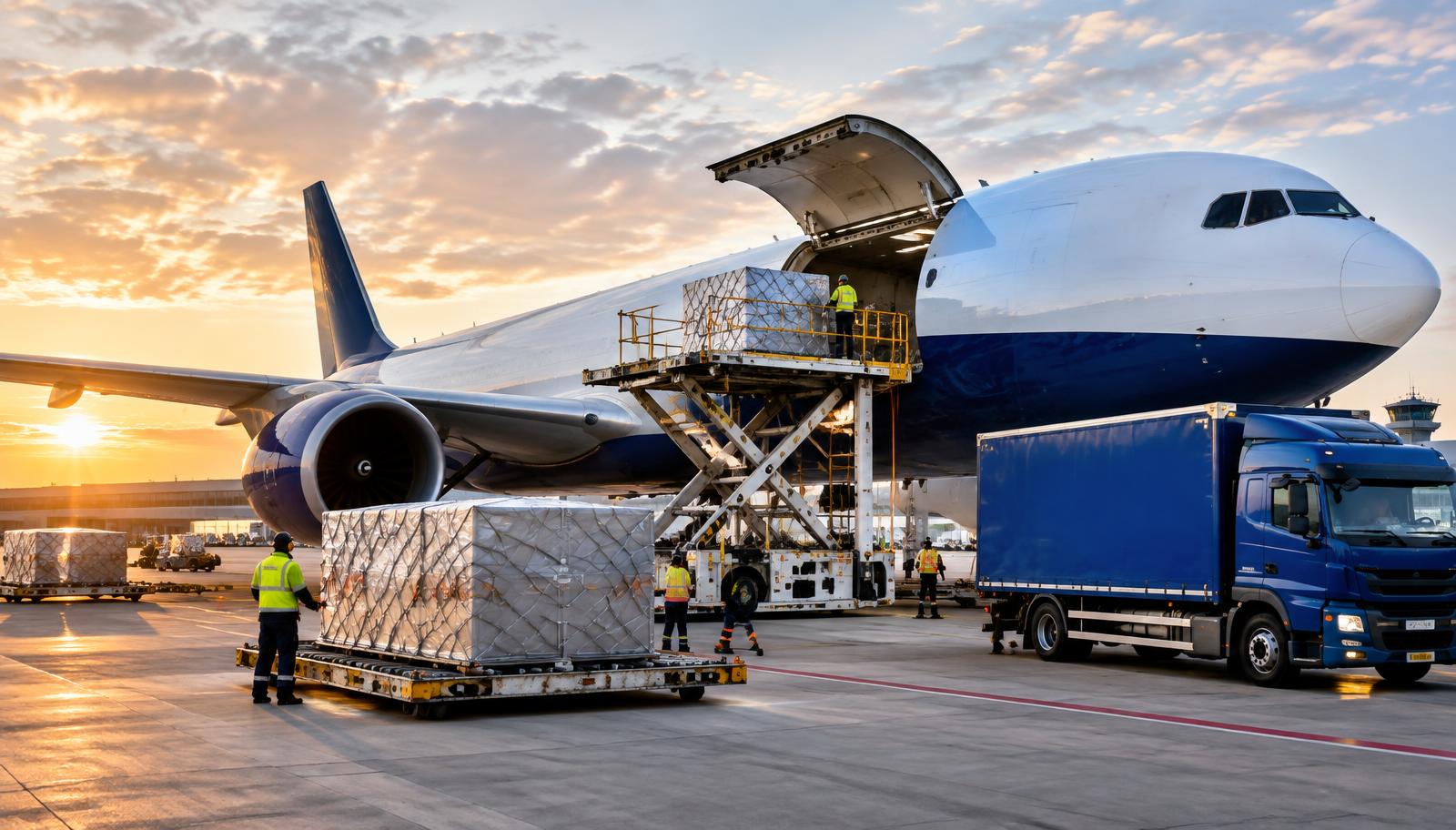 Cargo aircraft and freight team loading an international shipment